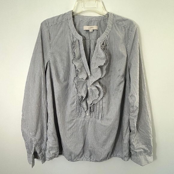 LOFT Gray & White Striped Ruffle Popover Blouse – Size Medium - Picture 1 of 4
